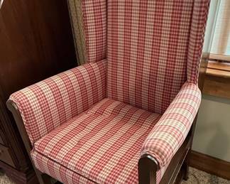 Wingback Armchair with Red Gingham Upholstery