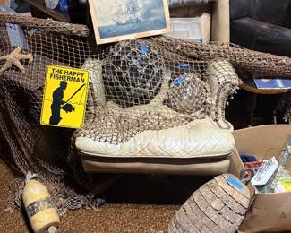 Vintage fishing net, glass buoy, art, wooden buoy
