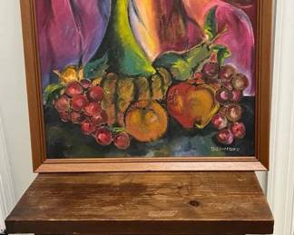 Signed Framed Still Life Painting  Wood Table