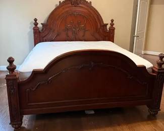 Carved Wood King Bed w Mattress  Box Spring