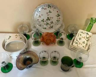 Vintage Green French Stemware, Wedgwood Wild Strawberry, Carnival And Uranium Glass