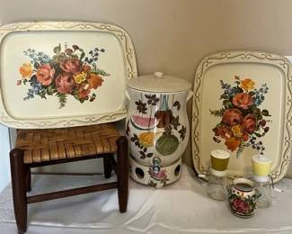 Red Wing Tampico Stoneware Samovar Beverage Crock, Vintage Tole Floral Trays  Wooden Stool