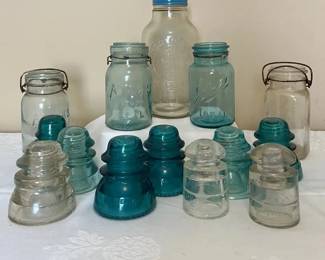 Blue And Clear Atlas, Ball, And Horlicks Jars  Glass Insulator Collection