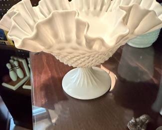 Fenton Milk Glass Hobnail Ruffled Compote