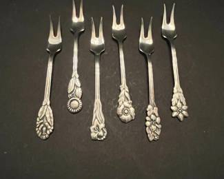 Set of 6 Vintage Silverplate Cocktail Forks with Rose and Floral Motifs