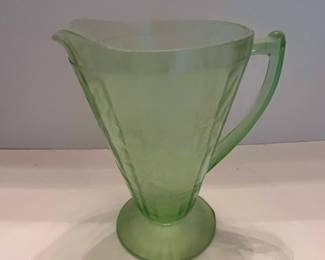 Jeannette Glass Floral Poinsettia Green Footed Cone Shape Water Pitcher