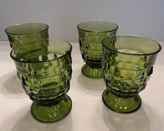 Indiana Glass Whitehall Cubist Avocado Green Footed Tumblers