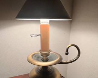 Vintage Brass Chamberstick Table Lamp with Tole Shade