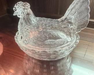 Vintage Clear Pressed Glass Hen on Nest - J.H. Millstein Co.