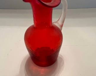 Mid-Century Blown Glass Cranberry Crackle Pitcher
