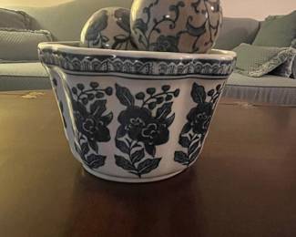 Blue and White Ceramic Planter Bowl with Decorative Spheres