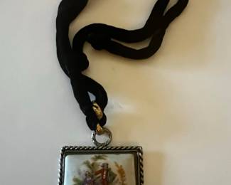 Limoges France Courting Couple Porcelain Pendant Necklace
