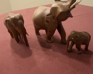 Set of Three Hand-Carved Wooden Elephants, Mother and Babies