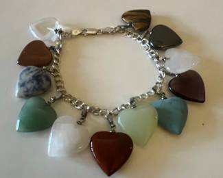 Multi-Gemstone Heart Charm Bracelet Sterling Silver