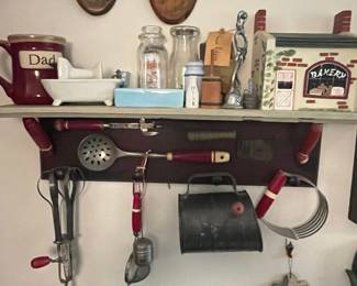 Vintage Kitchen Utensil Wall Rack and Assorted Decor