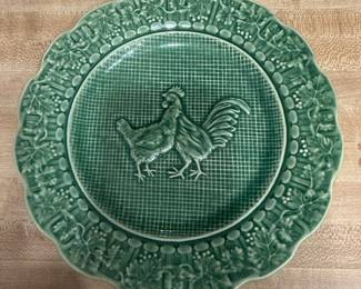 Bordallo Pinheiro Green Rooster and Hen Plate