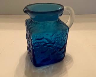 Vintage Blue Art Glass Pitcher with Applied Handle