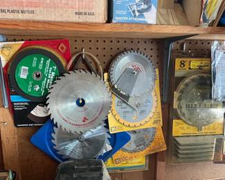 Assorted Power Tool Accessories, Saw Blades, and Dremel Router Attachment