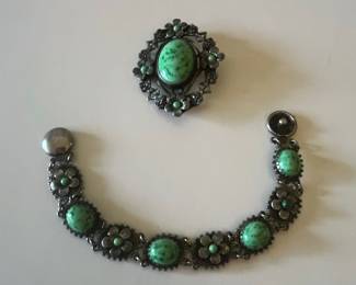 Vintage Mexican Sterling Silver and Green Stone Floral Parure