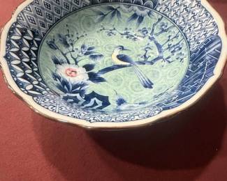 Vintage Japanese Arita-Yaki Porcelain Blue and White Bird and Flower Bowl