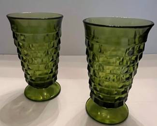 Indiana Glass Whitehall Cubist Avocado Green Footed Tumblers