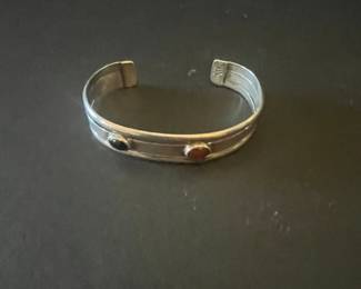 Native American Sterling Silver Cuff Bracelet with Onyx and Carnelian