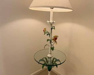 Vintage Italian Toleware Floral Floor Lamp with Glass Table