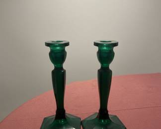Vintage Indiana Glass Emerald Green Hexagonal Candlesticks