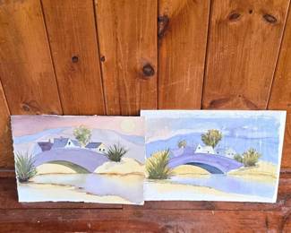 103 signedpairwatercolorlandscapepaintin
