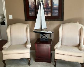Sailboat, wingback chairs w cream upholstery EUC