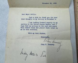Hand Signed Letter from John F Kennedy to Mayor of Gloucester, MA