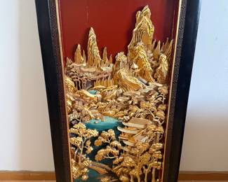 Highly decorative mid-to early 20th -century Chinese black lacquer and carved gold giltwood wall panel