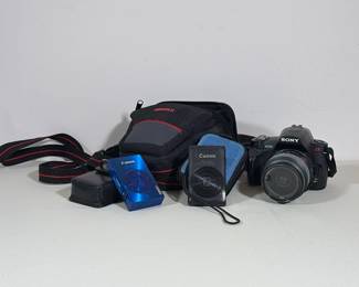 (3pc) SONY ALPHA 230 DSLR AND CANON POWERSHOT ELPH DIGITAL CAMERAS