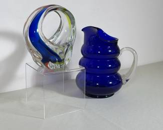 (2pc) COBALT BLUE GLASS BEEHIVE PITCHER AND MULTI-COLOR ART GLASS BASKET