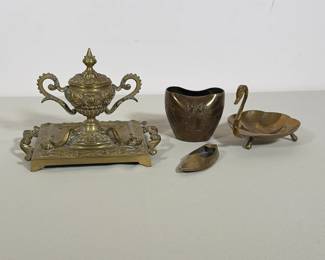 (4pc) VICTORIAN BRASS INKWELL STAND AND THREE BRASS MINIATURES