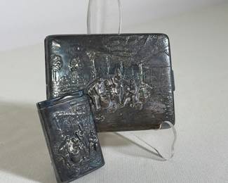 (2pc) DANISH SILVER PLATED CIGARETTE CASE AND MATCHBOX HOLDER