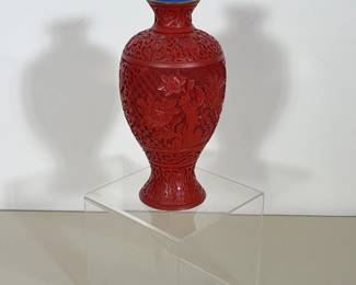 CHINESE CINNABAR LACQUER VASE WITH FLORAL RELIEF