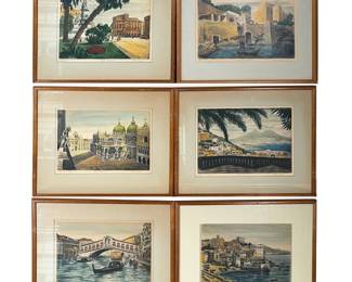 (6pc) Set Of Vintage Colored Etching/Watercolor Prints