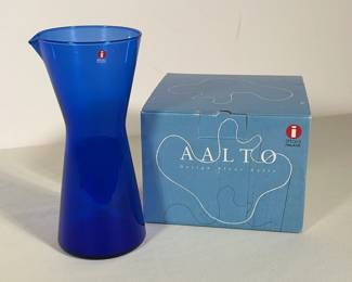 ALVAR AALTO AND KAJ FRANCK FOR IITTALA COBALT BLUE GLASS VASE AND PITCHER