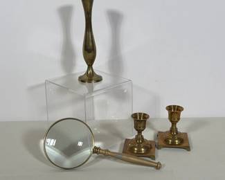 (4pc) INDIAN & OTHER BRASS CANDLESTICKS & MAGNIFYING GLASS