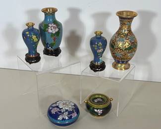 (6pc) CHINESE CLOISONNÉ ENAMEL VASES, BOX, AND ASHTRAY