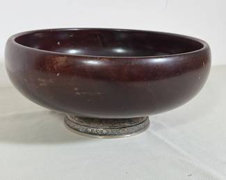 WOODEN SERVING BOWL WITH REPOUSSÉ STERLING SILVER BASE