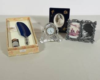 (4pc) WATERFORD CRYSTAL CLOCK, BORTOLETTI PEN SET, AND LIMOGES FRAME