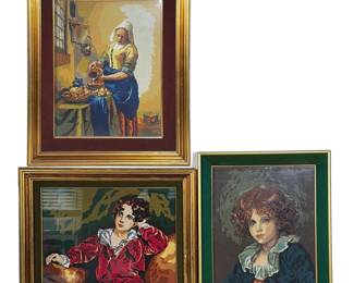 (3pc) GROUP OF THREE FRAMED NEEDLEPOINT REPRODUCTIONS AFTER VERMEER AND LAWRENCE