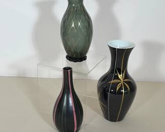 GROUP OF THREE MID-CENTURY MODERN VASES INCLUDING MURANO STYLE GLASS AND GDR PORCELAIN