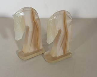 PAIR OF ART DECO STYLE CARVED ONYX HORSE HEAD BOOKENDS