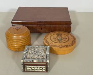 (4pc) FOUR DECORATIVE WOODEN BOXES INCLUDING MARQUETRY AND INLAID EXAMPLES