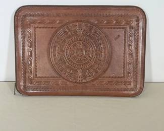 MEXICAN HAND TOOLED LEATHER ZIPPERED FILE CASE WITH AZTEC MOTIFS