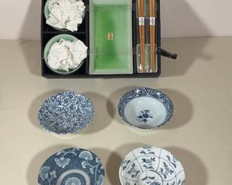 JAPANESE KAFUH CERAMIC SUSHI SET AND BLUE AND WHITE PORCELAIN BOWLS