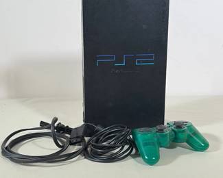 SONY PLAYSTATION 2 CONSOLE WITH EMERALD GREEN CONTROLLER AND CABLES